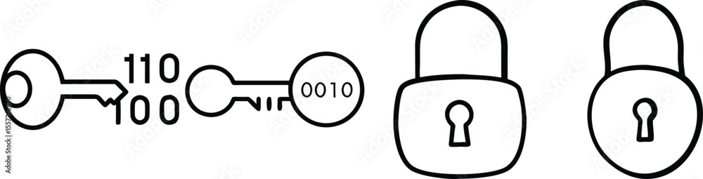 Poster binary code key and padlocks: digital security concept illustration