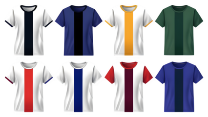 Collection of eight different soccer jerseys with vertical stripe designs