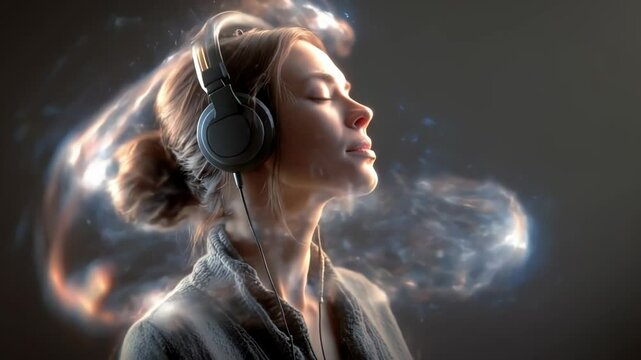 In a tranquil space, a young woman immerses herself in music, letting her thoughts drift away as vibrant colors and wisps of sound intertwine, creating a mesmerizing atmosphere.