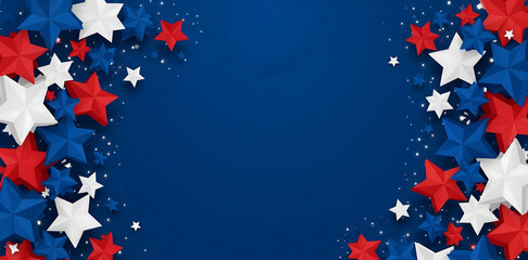 Fototapeta premium Abstract patriotic background featuring a vibrant border of 3D red, white, and blue stars scattered on a deep blue surface, ideal for national holidays and celebrations