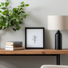 Minimalist home console table decor books lamp tree drawing