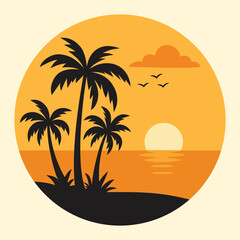 Stylized silhouettes of palm trees on a beach at sunset over the ocean
