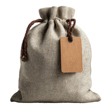 A sack with a wooden tag and string tied around its neck on transparent background