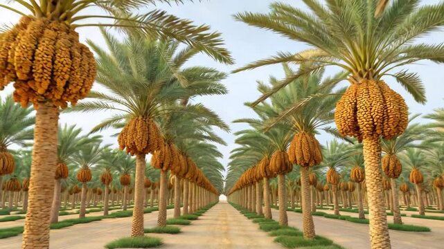 Serene date palm tree plantation stretches to the horizon, a cultivated landscape under a bright sky, showcasing agriculture and arid farming techniques.