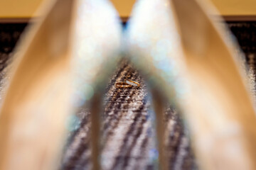 Wedding ring placed between high heels. A wedding ring rests between sparkling heels on a patterned rug, symbolizing love and celebration.