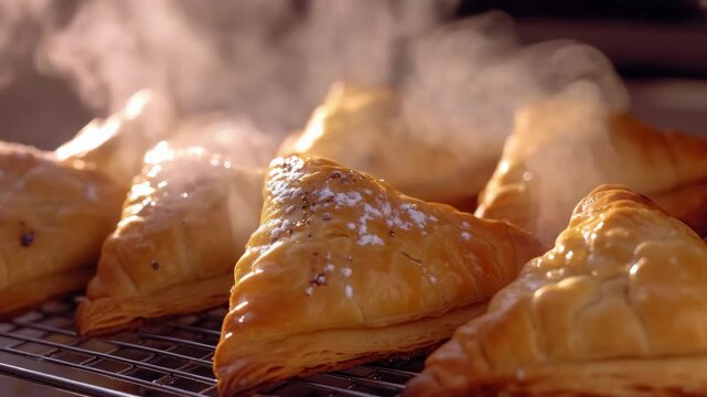 Delicious bite-sized pastries on a cooling rack with steam rising up.
