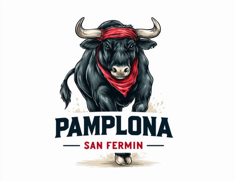 Ilustracion de un toro espa&ntilde;ol negro corriendo, con bandana y pa&ntilde;uelo al cuello de color rojo con inscripcion "PAMPLONA San FErm&iacute;n". Concepto fiestas de San Ferm&iacute;n en Espa&ntilde;a el 7 de julio