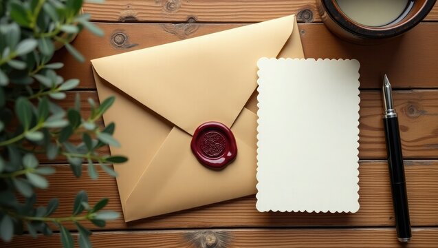 Overhead view of a tan envelope sealed with a red wax seal next to a blank card and pen on a wooden table