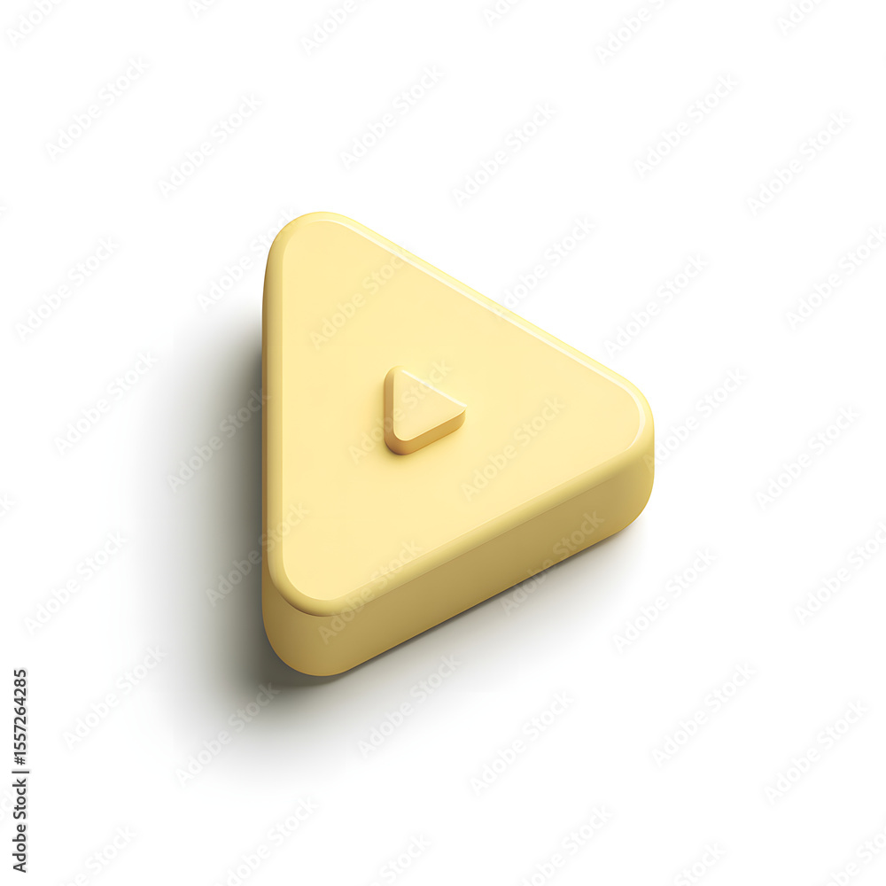 Fototapete a pale yellow triangular play button icon, rendered in 3d, sits against a stark white background.
