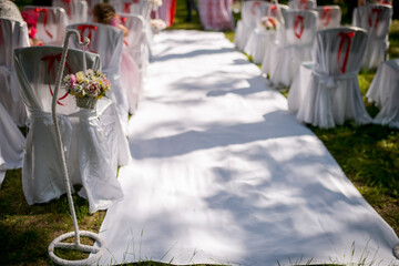 Decorated outdoor wedding. A white carpet leads guests to the altar amidst green grass and decorated chairs, setting a romantic wedding atmosphere.