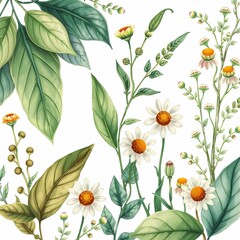 Exquisite Botanical illustration showcases nature's beauty with hand-drawn flowers and vibrant green foliage