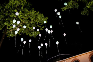 Balloons float in the night sky. Balloons with long strings float among trees, glowing in the...