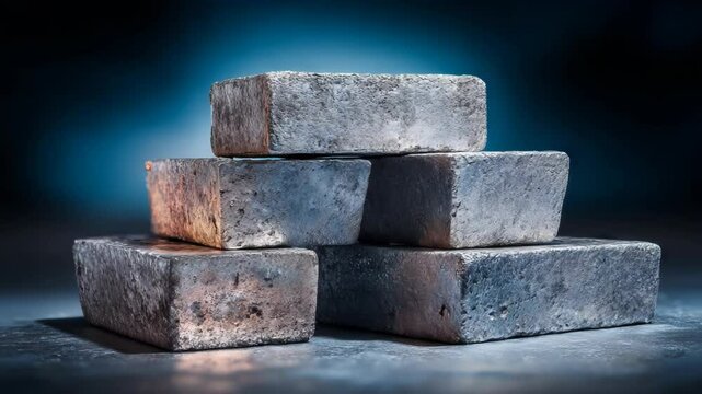 Silver ingot blocks stacked in a pyramid arrangement, blue background, investment concept