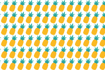 Seamless vector pattern with hand-drawn yellow pineapples and green leaves on white background. Bright tropical summer style, perfect for fabric, packaging, wallpapers, wrapping paper, and web design.