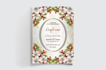 WEDDING INVITATION FRAME WITH FLOWER DECORATIONS AND FRESH LEAVES