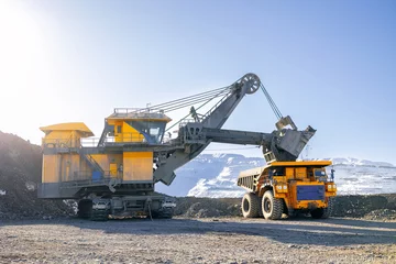  Banner Open-pit coal mining in winter, heavy machinery excavator loading dump truck © Parilov