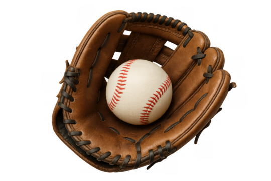Classic leather baseball glove holding a white baseball ball, isolated on transparent background, ready for the big game