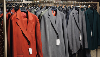Row of fashion business suit for man in retail clothes store
