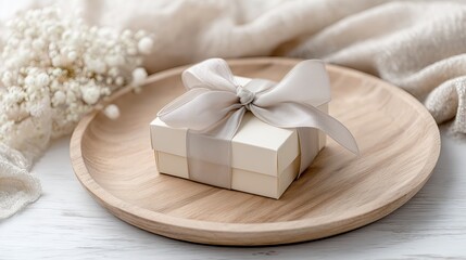 Elegant gift presentation with delicate flowers on a wooden plate