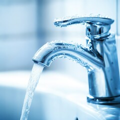 Water flowing from a modern faucet in a bathroom