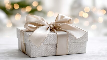 Elegant gift box on a table with a soft background featuring bokeh lights