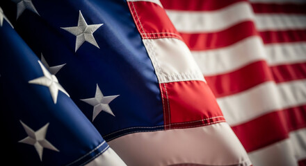 Fototapeta premium Close-up of a vibrant American flag, showcasing the intricate stitching of stars and bold red and white stripes, perfect for patriotic themes and national holiday designs
