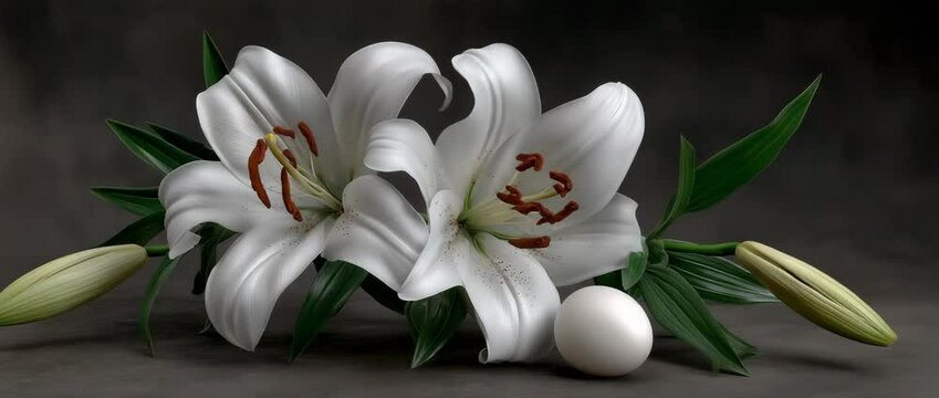 Elegant Lily Composition: Two pristine white lilies bloom gracefully, their delicate petals and lush green foliage. A serene visual ode to botanical beauty, evoking tranquility and nature's artistry.