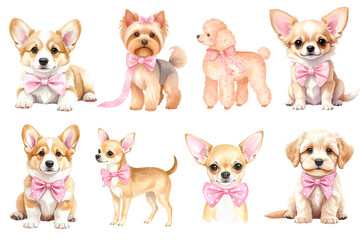 Fototapeta premium Watercolor clipart of cute animals with pink bow accessories