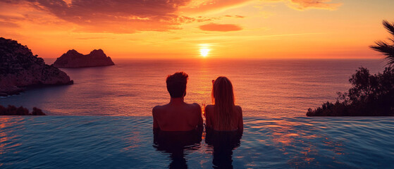 Sunset on the sea with a couple in the pool. Suitable for romantic and tourist publications.