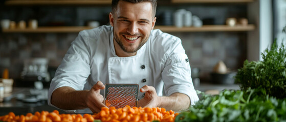 Smiling chef in the kitchen with vegetables. Useful for cooking blogs, kitchenware ads and articles about cooking.