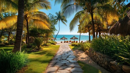 Obraz premium Tropical beach with palm trees and lounge chairs by the ocean. Suitable for travel brochures, travel and vacation websites.