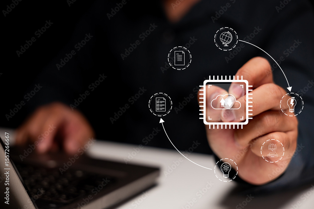 Poster businessman interacting with virtual cloud computing and technology icons over a laptop keyboard.