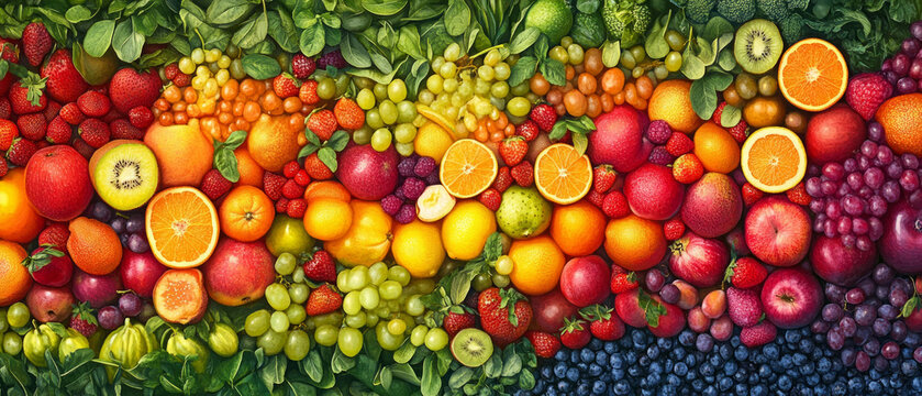 Variety of fresh fruits and berries on green background. Useful for culinary sites and healthy lifestyle advertising.