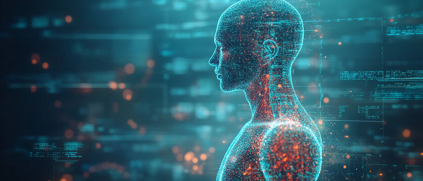 Digital illustration of a person made up of many dots and lines symbolizing technology and connectivity. Used in articles about technology, presentations about the future  