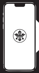 
A monochrome vector illustration of a modern smartphone displaying a circular emblem with a stylized fleur-de-lis like design, suggesting a mobile app or brand identity.