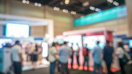 Blurred Vibrant Trade Fair with Diverse Crowd and Tech Display Glow