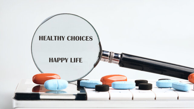 The concept phrase HEALTHY CHOICES HAPPY LIFE. Conversation, domestic, lifestyle, happiness, interaction concept