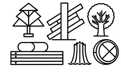 Set of icons of textured wooden boards, bars, and parts of a tree. Vector illustration
