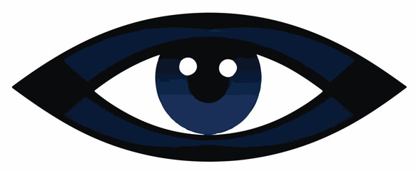 A bold vector image of a stylized eye, featuring a dark blue iris with two white highlights and black pupils, set within a black and blue lid design.