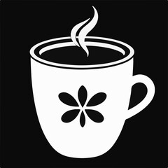 A monochromatic vector image featuring a steaming white coffee mug with a stylized flower design on a dark background, evoking warmth and comfort.