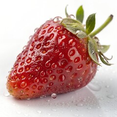 A fresh red strawberry with water drops isolated on white background shows its juicy sweetness