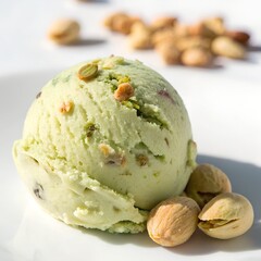 A pistachio ice cream scoop with nuts isolated on white background looks cold and refreshing