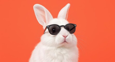 Fototapeta premium White rabbit wearing trendy black sunglasses in a studio shot on orange background