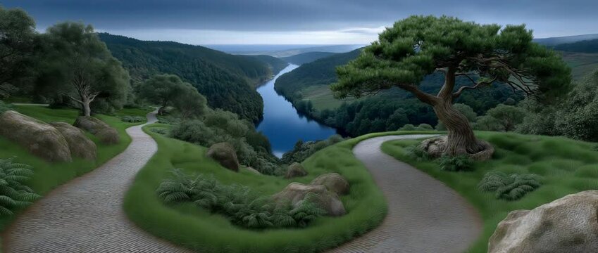 Scenic Path Choices: A captivating panoramic view of a scenic landscape features two winding paths diverging toward a flowing river, evoking a sense of choices and exploration.