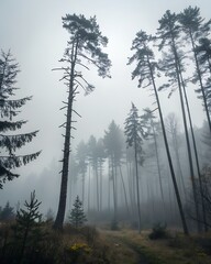 Foggy forest landscape with tall trees and a misty atmosphere in autumn