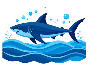Obraz premium Minimalist Vector Shark Silhouette with Waves and Bubbles, Flat Style PNG
