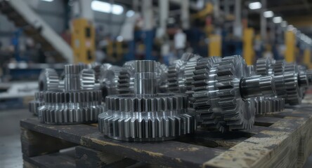 Newly manufactured metal shaft gears on a wooden pallet in a factory