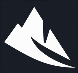 A striking vector image featuring abstract white mountains with a dynamic, stylized flow on a dark background, evoking a sense of adventure and height.