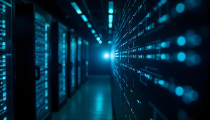 Data Fortress: An illuminating glimpse into a modern data center, showcasing rows of powerful servers and cutting-edge technology that forms the backbone of the digital world.