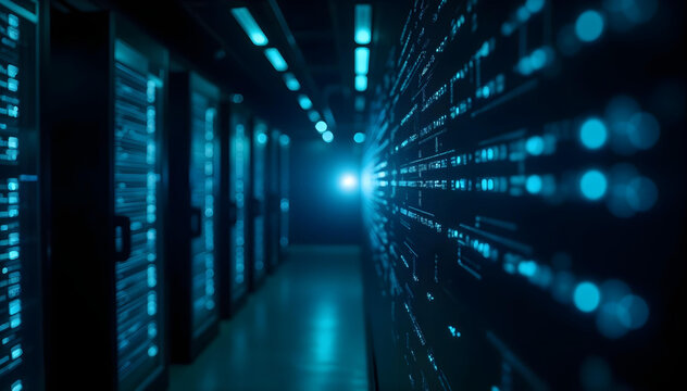Data Fortress: An illuminating glimpse into a modern data center, showcasing rows of powerful servers and cutting-edge technology that forms the backbone of the digital world. - Powered by Adobe